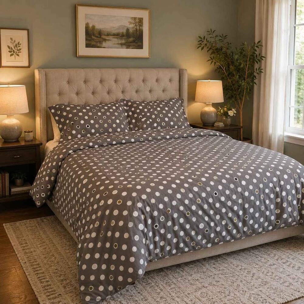 MARTHA STEWART Grey Polka Dot Duvet Cover Set with Two Pillowcases FULL/QUEEN